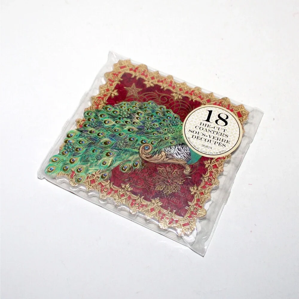 Set 18 Coasters Punch Studio Peacock red gold square party paper 4